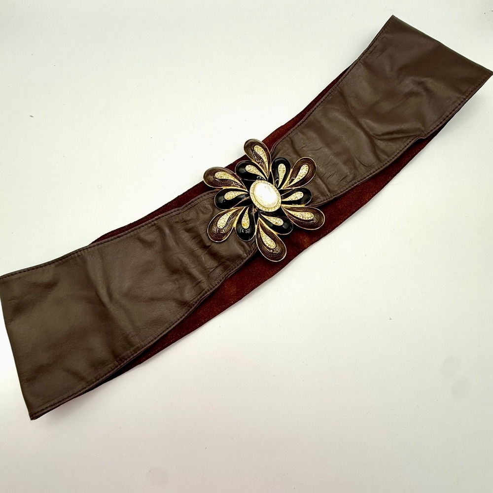 Vintage Oscar D'Argent  Brown Leather Wide Waist Belt Ornate Floral Buckle Paris